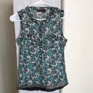 The Limited Teal and Black Paisley Sleeveless Button Top